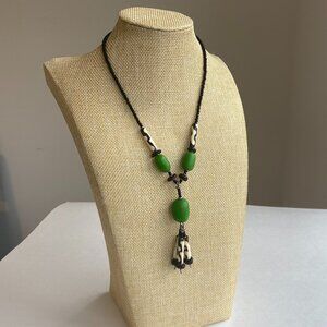 Dangle Necklace Black, Green & Black & White Swirl Beads